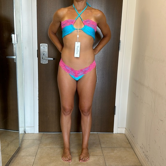 BRAND NEW BEACH BUNNY Lady Lace Turquoise Sea Bandeau Top XL & Skimpy Bottom M - Picture 4 of 6